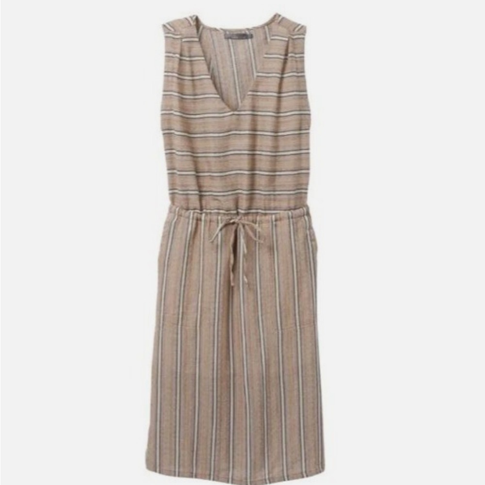 Prana Sleeveless Striped Midi Dress in Beige and Ivory